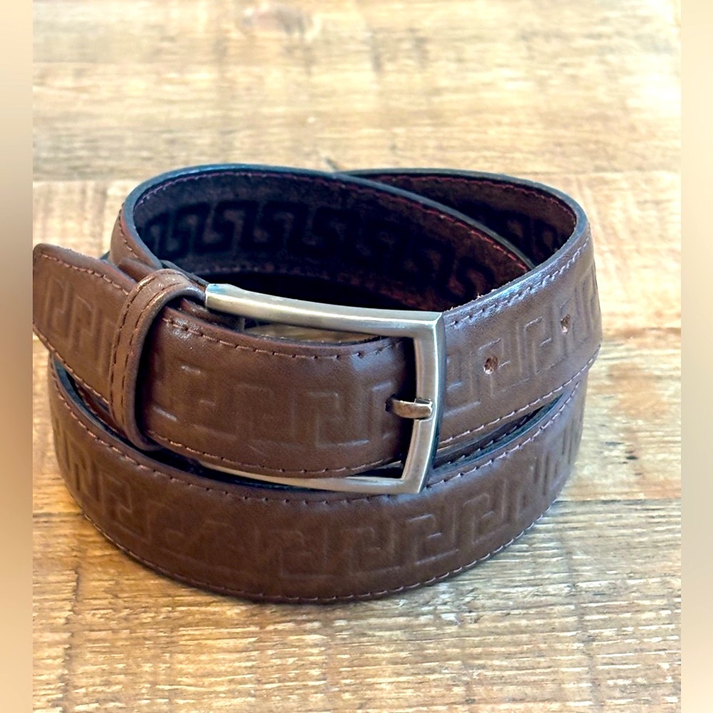 Meander Leather Embossed Belt. Textured Pattern | Medium Brown | Men’s 45.5”L